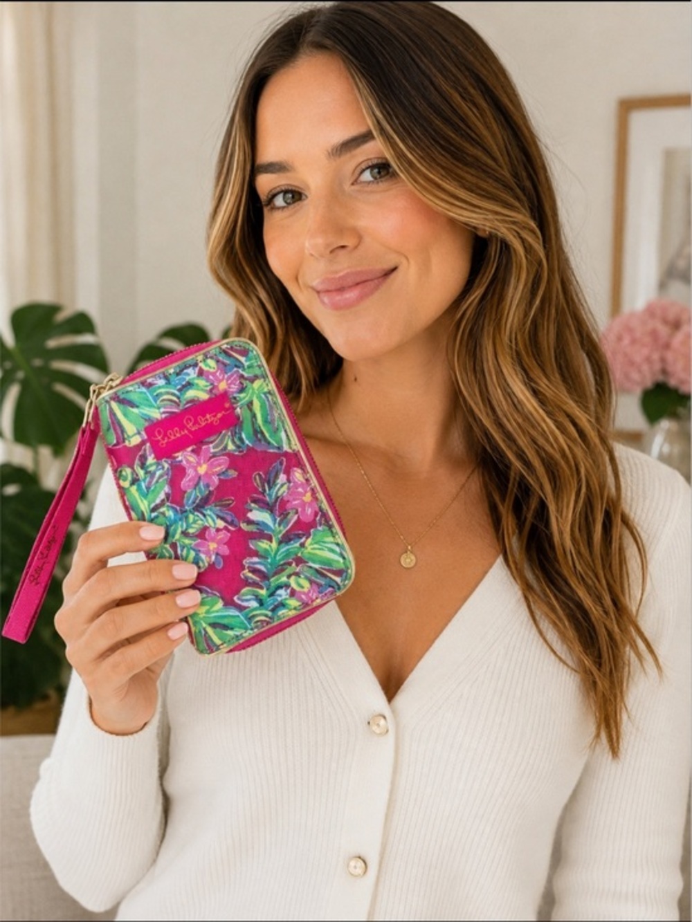 Lilly Pulitzer Tropical Floral Wristlet Wallet ID Holder Pink Green